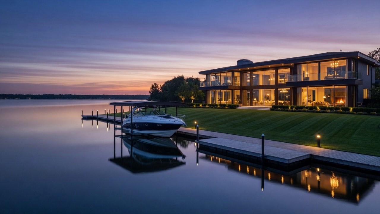 Elegant waterfront estate on Lake Norman at twilight with dock lights reflecting on calm water
