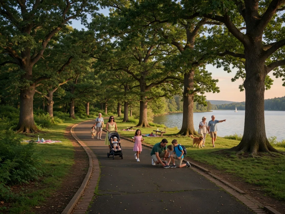 A well-maintained lakeside greenway trail with mature trees and families enjoying the outdoors