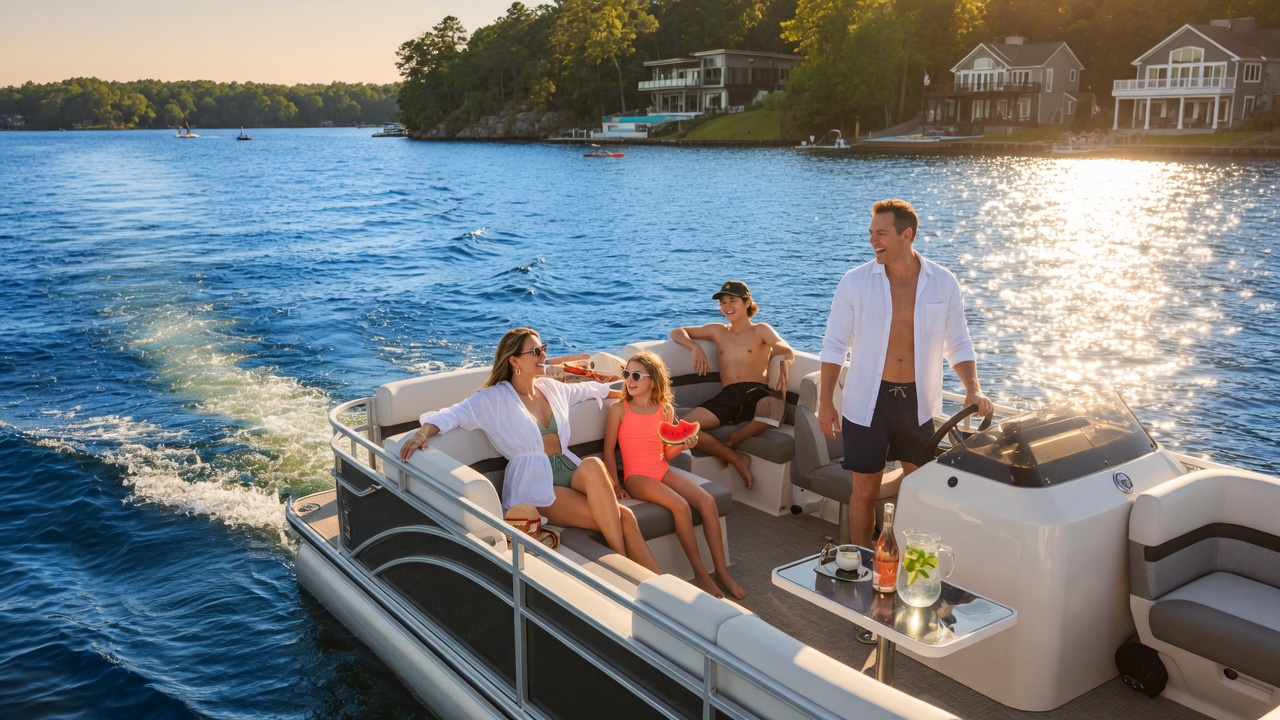 Luxury waterfront estate homes with private docks along a serene cove on Lake Norman during summer