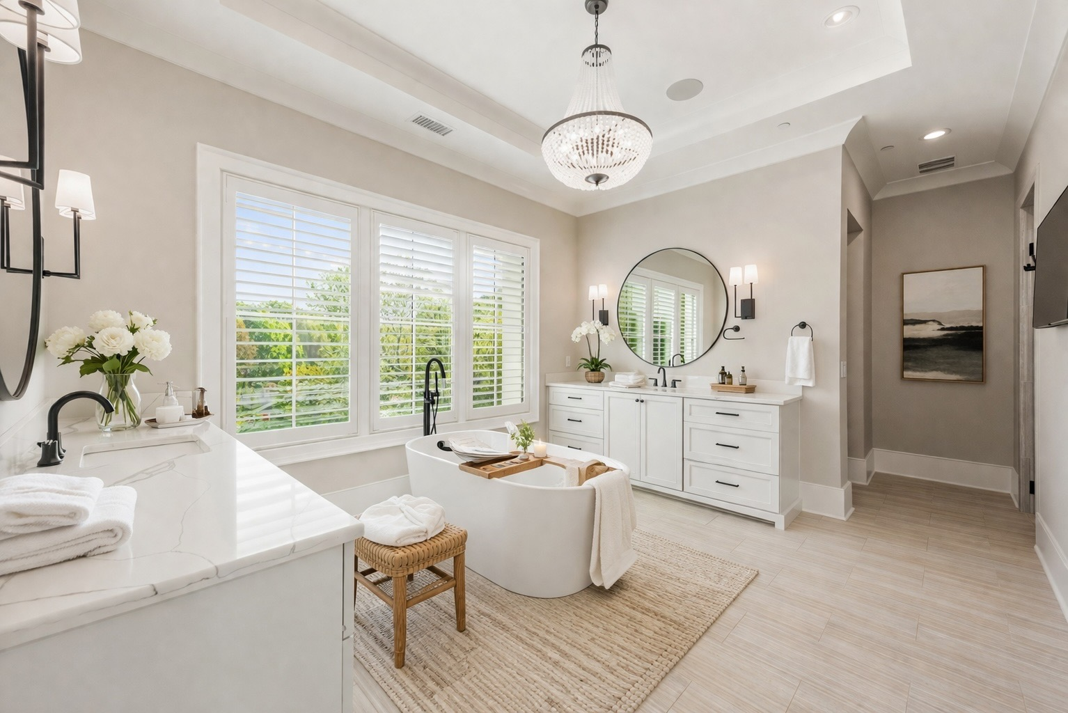Primary bathroom with freestanding soaking tub, dual vanities, and plantation shutters