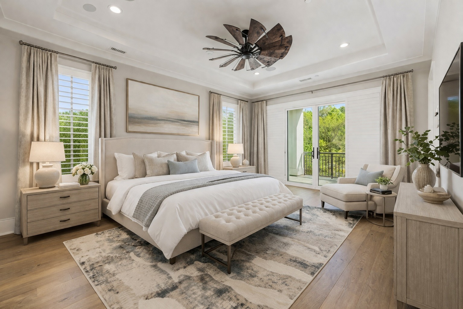 Master bedroom with tray ceiling, hardwood floors, and sliding glass door to balcony