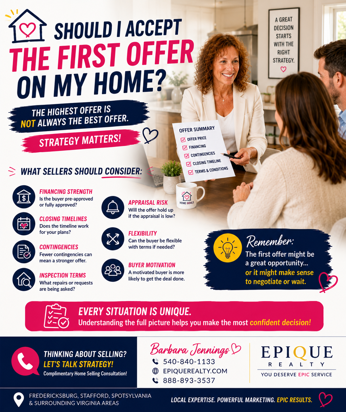 Barbara Jennings advising a Fredericksburg VA couple about accepting the first offer on their home