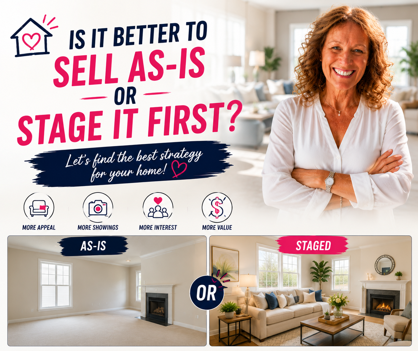 Home staging comparison empty versus staged room Fredericksburg VA Barbara Jennings
