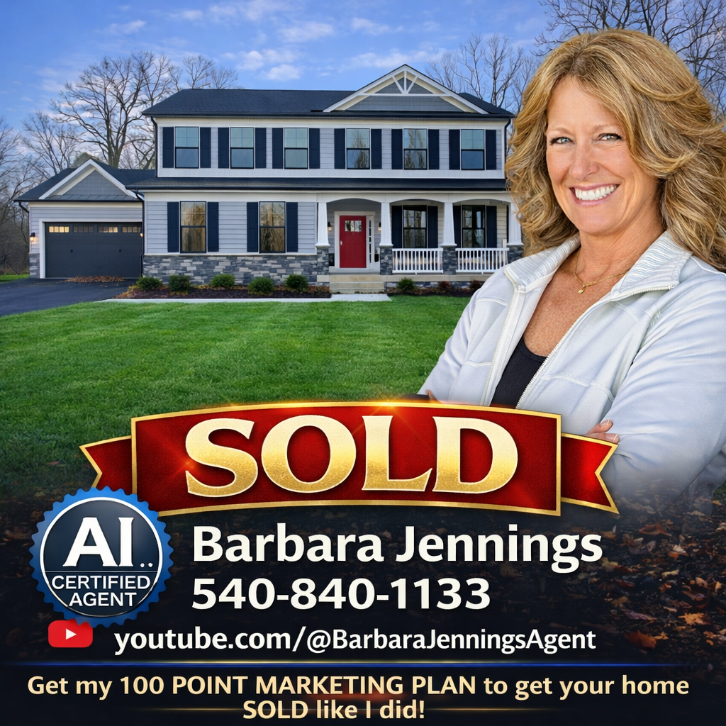 Barbara Jennings next to a modern suburban home with a large SOLD banner, representing her team's success in the Fredericksburg VA real estate market