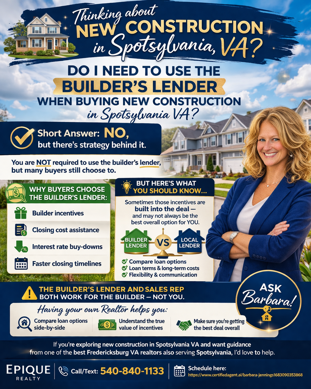 An informational flyer with Barbara Jennings about using builders' lenders for new construction in Virginia