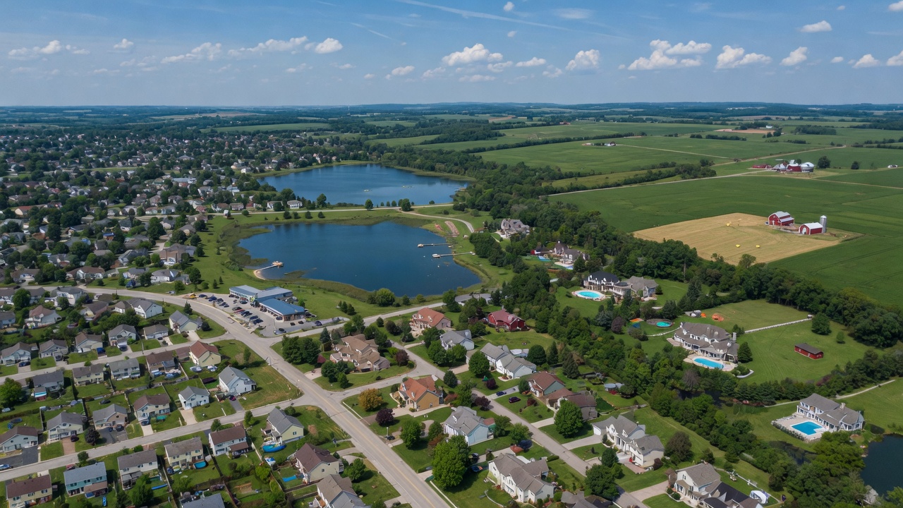 Aerial view of diverse Mid-Michigan communities with tree-lined neighborhoods and small lakes