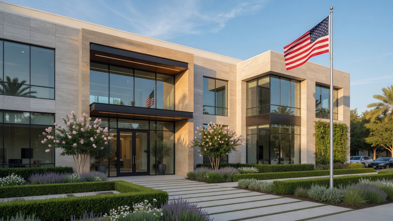 A modern real estate brokerage office building with professional landscaping on a sunny day