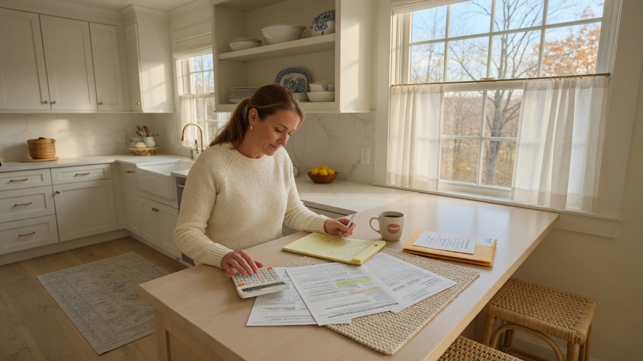A Michigan homeowner reviewing property tax documents at a bright kitchen counter