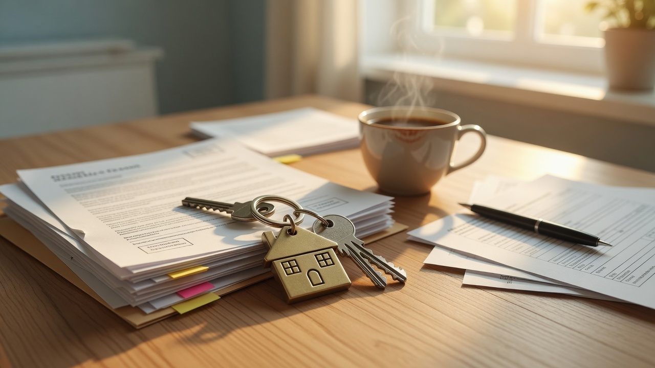 Closing table with house keys, real estate documents, and a pen ready for signatures