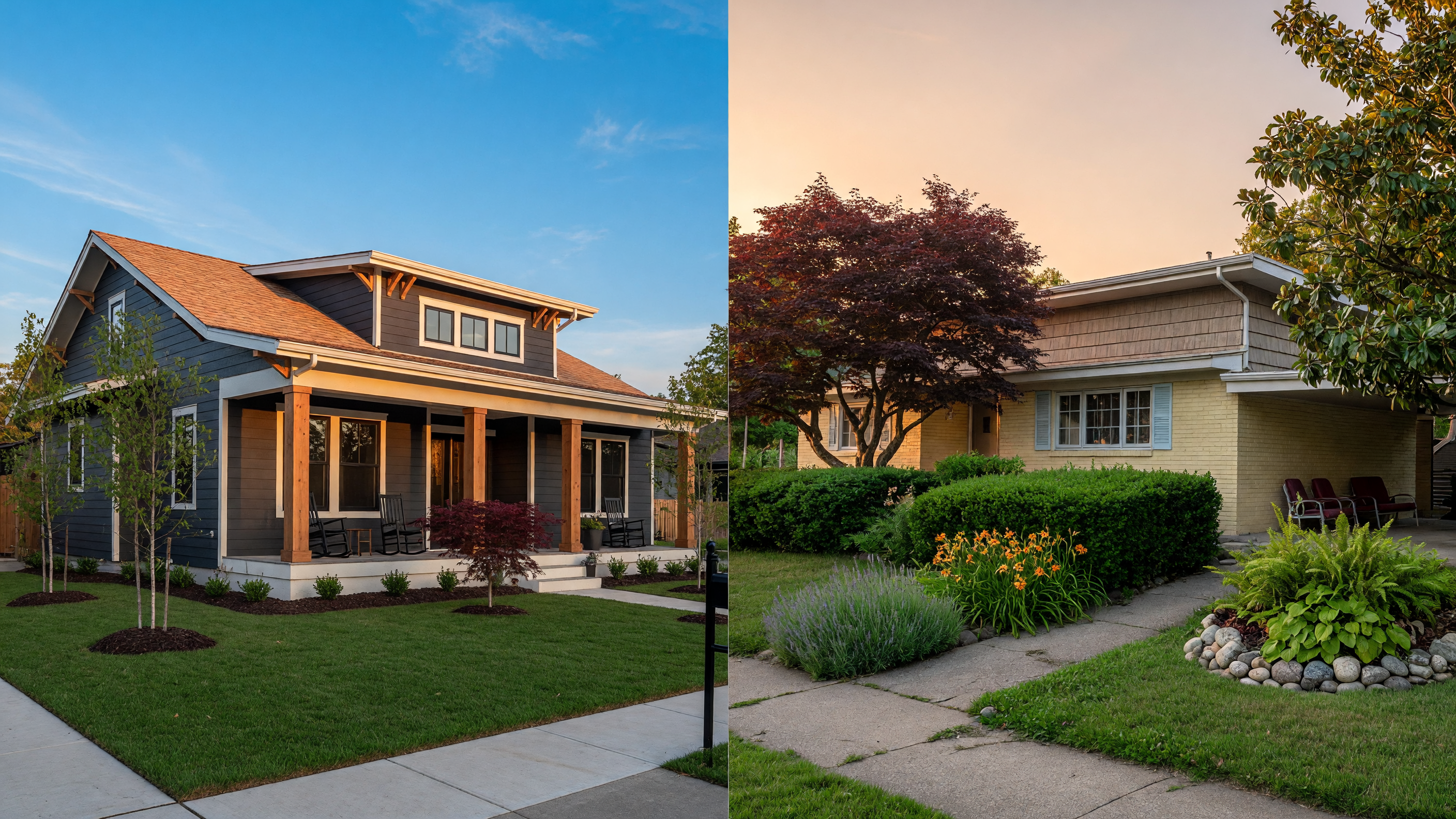 A visual comparison of a modern new construction home and an established resale home in a Mid-Michigan neighborhood