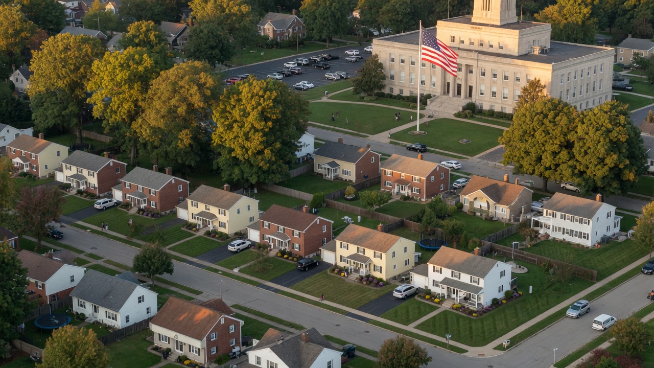 Aerial view of a Mid-Michigan suburban neighborhood with well-maintained homes representing property tax communities