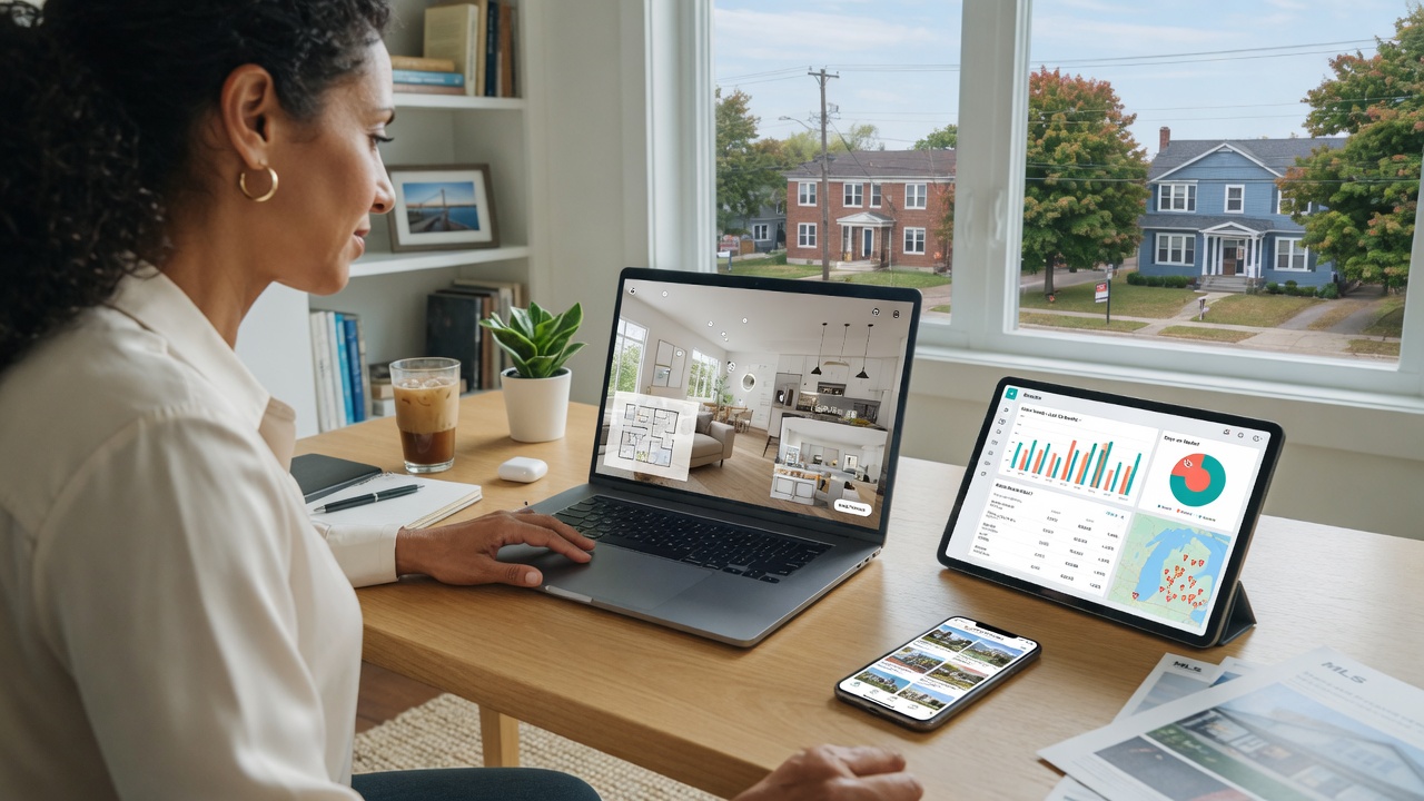 A real estate professional using laptop and tablet to manage virtual tours and digital tools