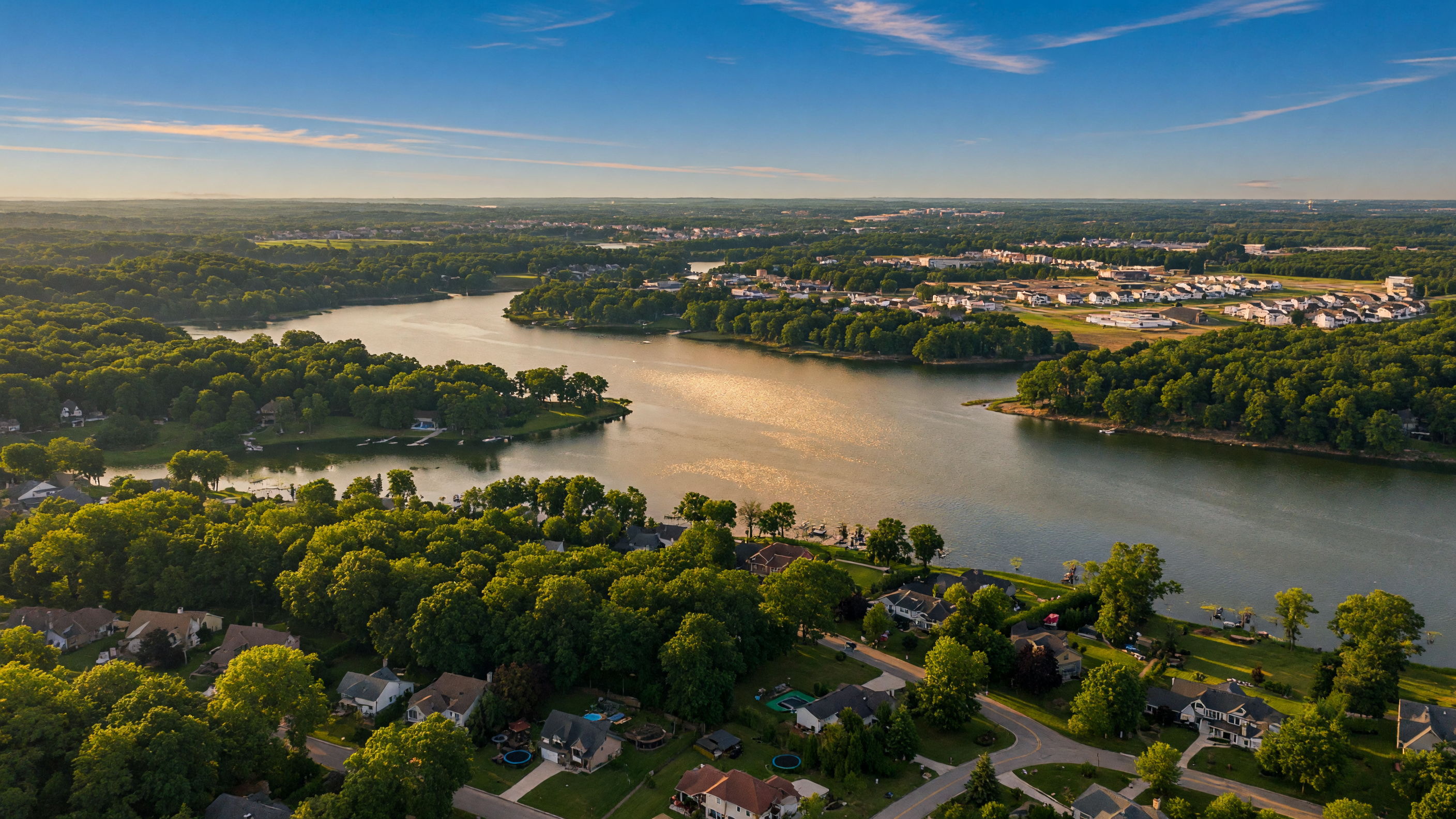 Aerial view of Oakland County Michigan suburban neighborhoods, lakes, and tree-lined streets