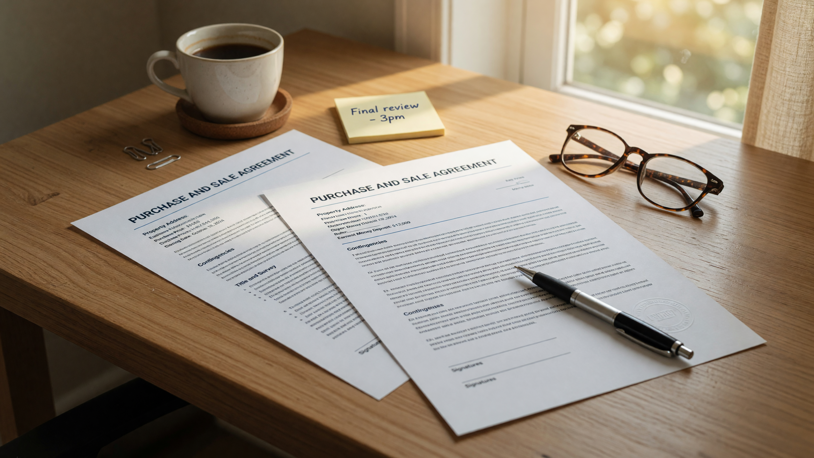 A Michigan real estate purchase agreement document with key sections annotated for clarity