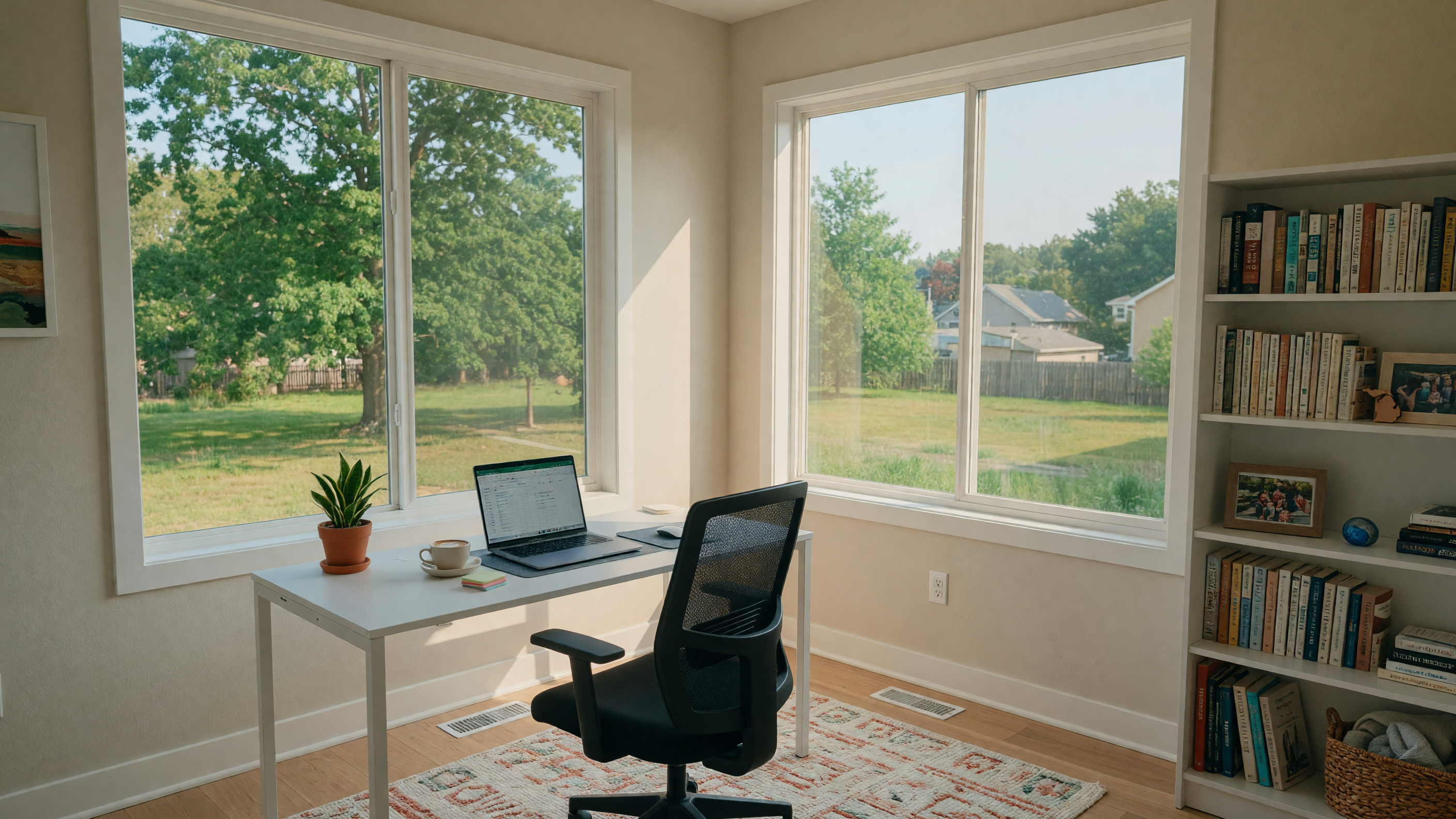 A bright, modern home office with large windows, a clean desk, ergonomic chair, and warm natural light