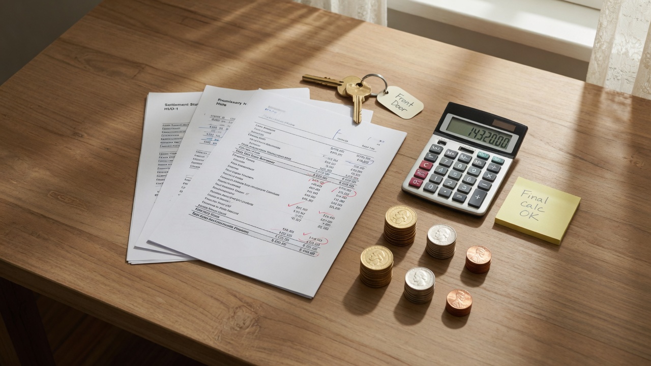 Closing documents, a calculator, and house keys arranged on a desk