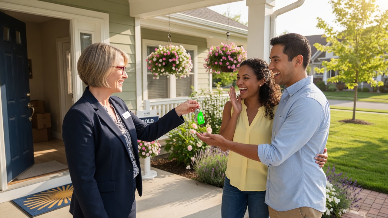 A happy couple receiving house keys at the front door of their new home