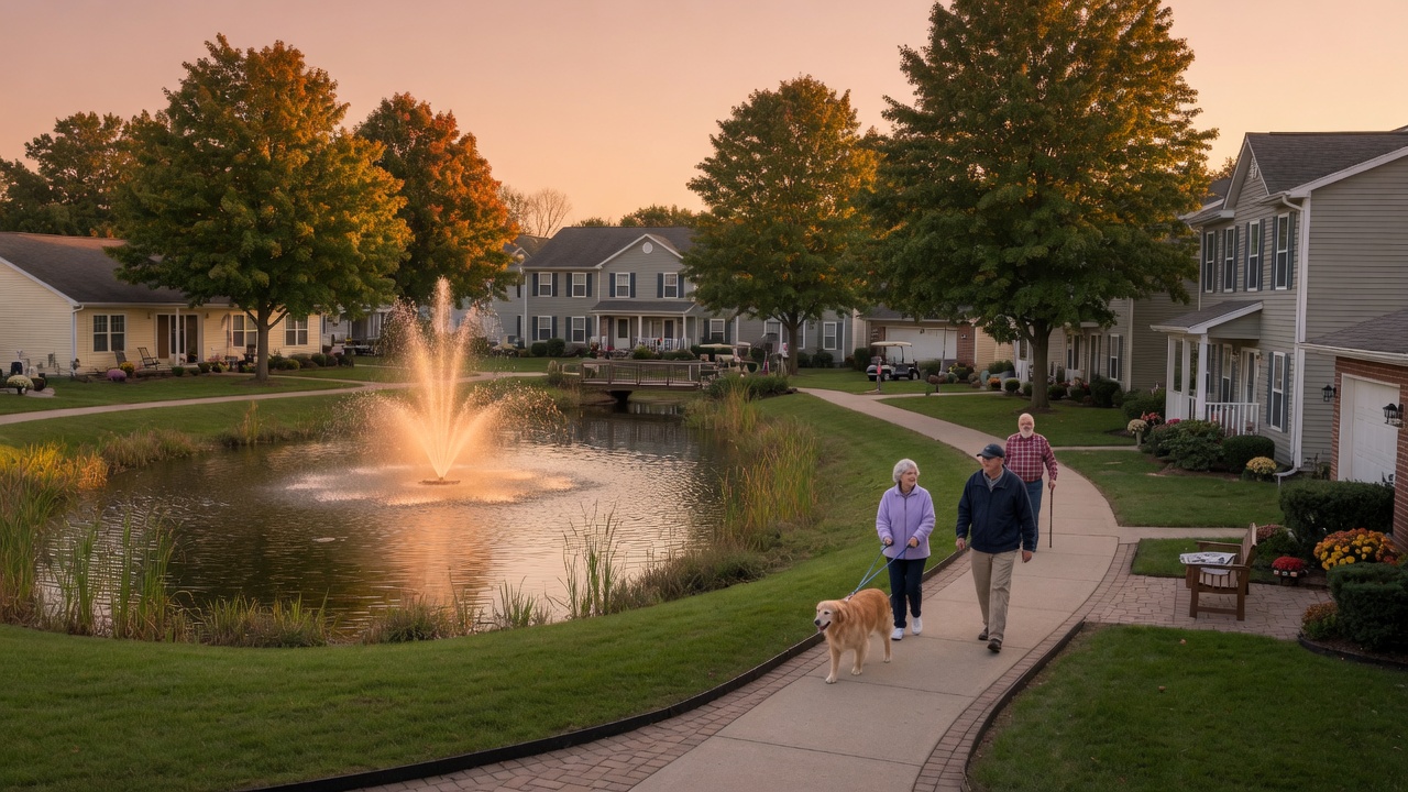 A peaceful walking path in a Michigan retirement community with well-maintained homes, mature trees, and a small pond