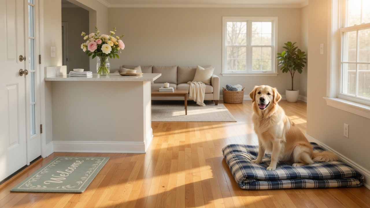 A bright, clean family home interior prepared for a real estate showing with a well-behaved dog