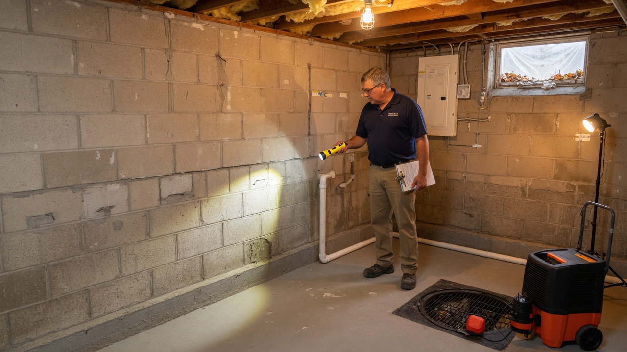 A home inspector examining a Michigan basement with exposed foundation walls and sump pump