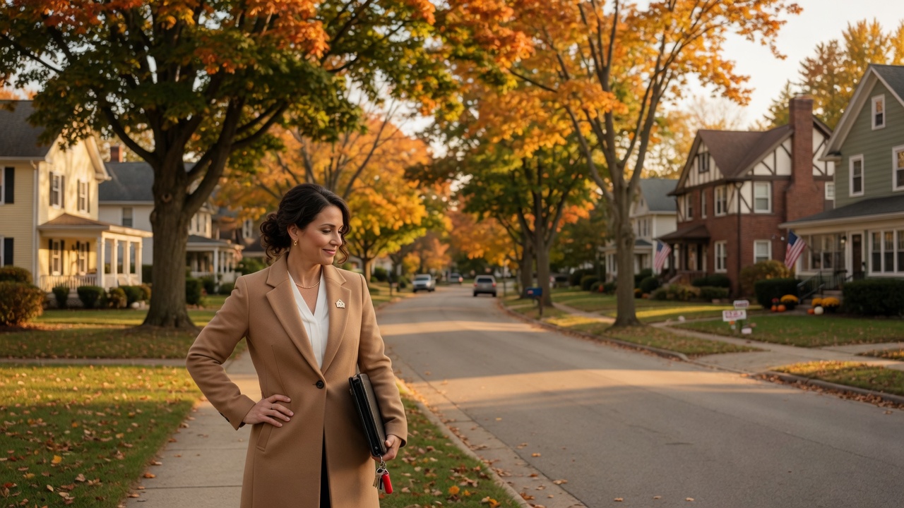 Tree-lined residential street in a Mid-Michigan neighborhood on a warm afternoon