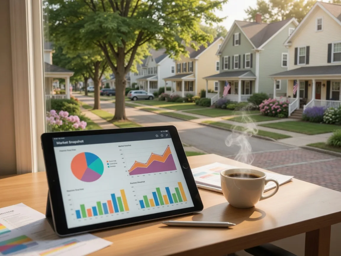 A tablet displaying colorful housing market charts and graphs set against a blurred background of a Mid-Michigan neighborhood on a warm summer afternoon