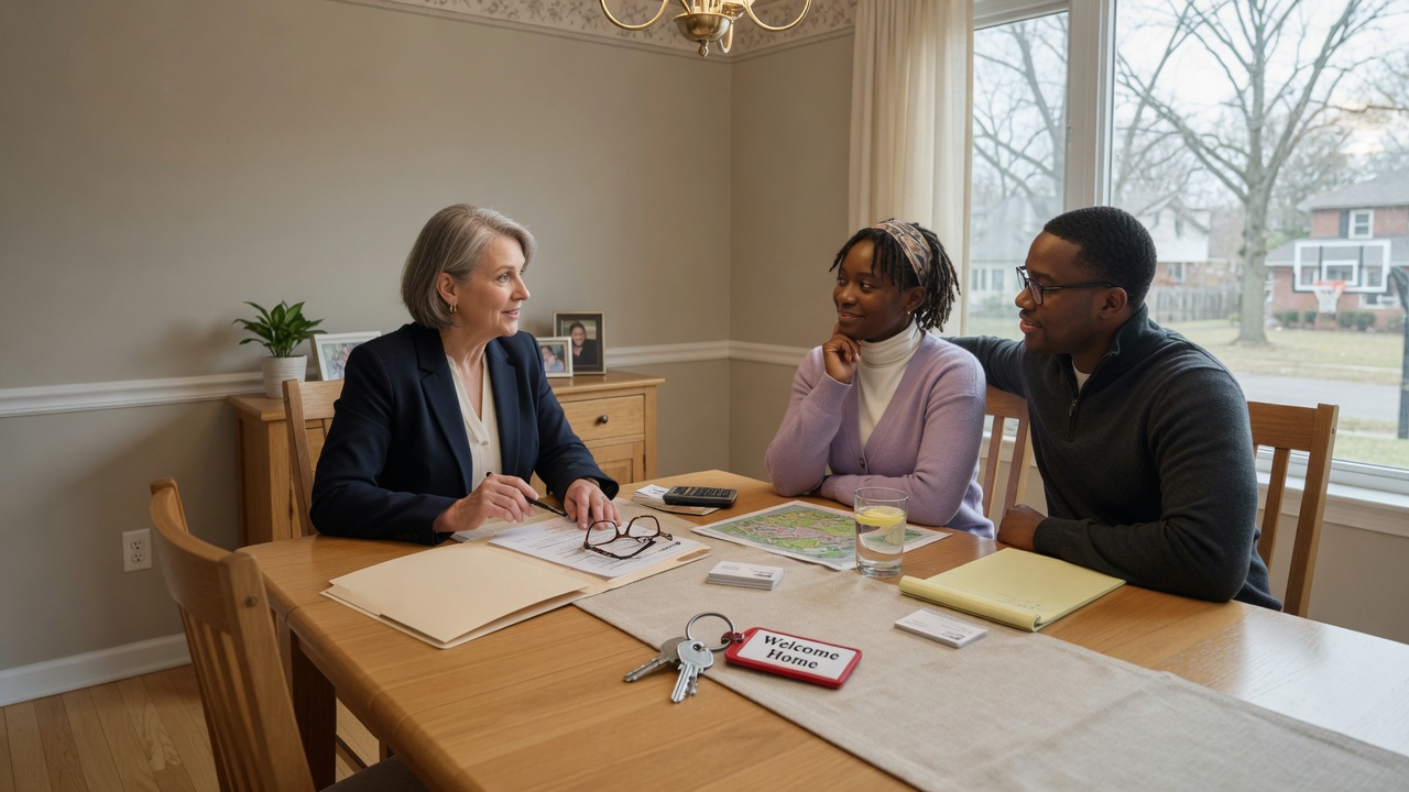 A thoughtful scene of a couple reviewing real estate paperwork at a dining table with a supportive atmosphere