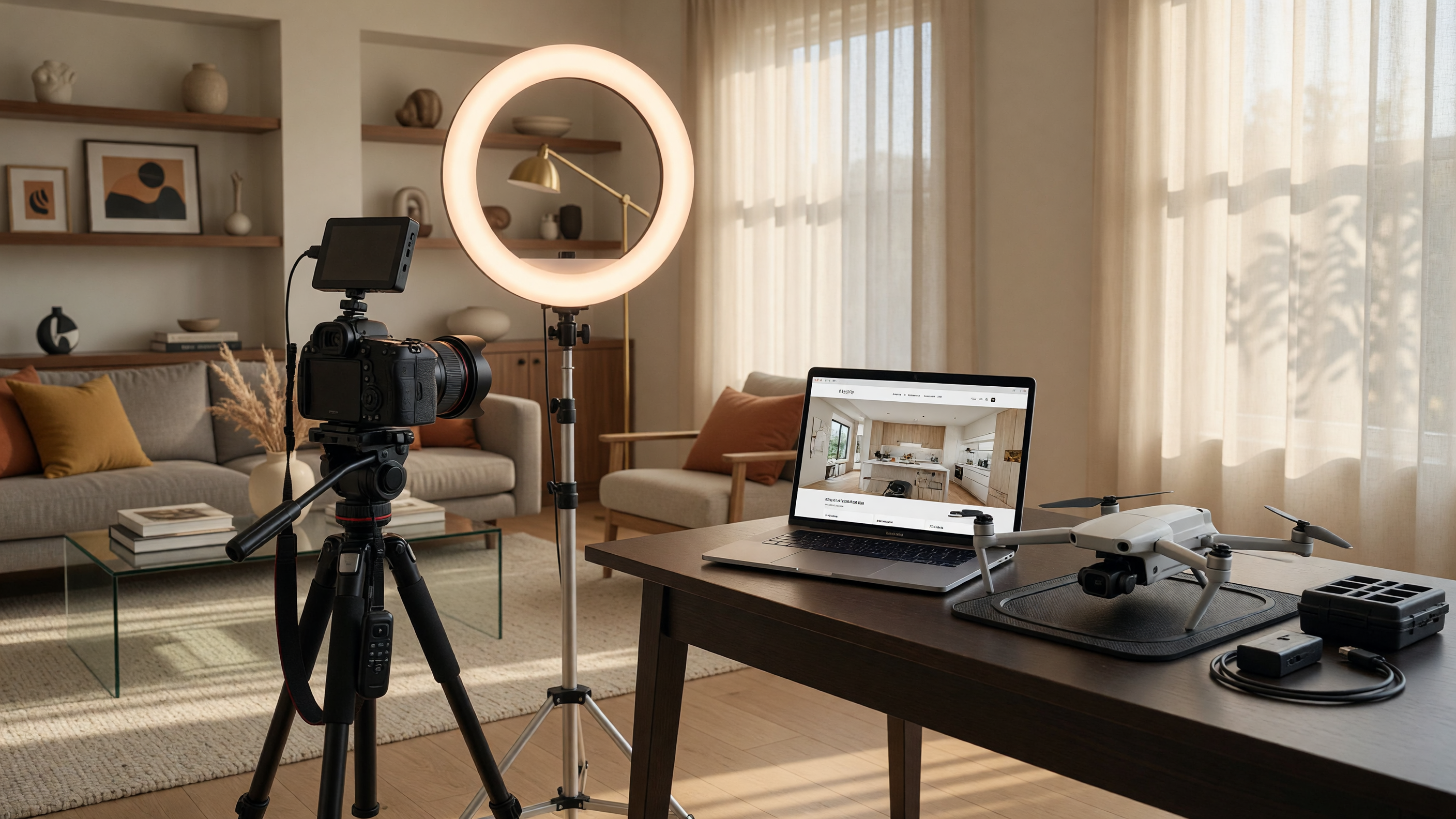 Professional real estate marketing equipment including camera, drone, and laptop displaying a property website