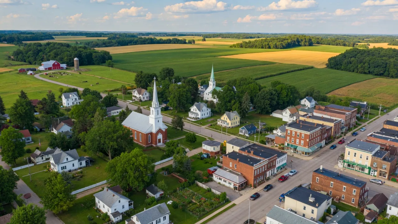 Aerial view of a Lapeer County Michigan community with tree-lined streets, family homes, and rolling green farmland on a bright summer day