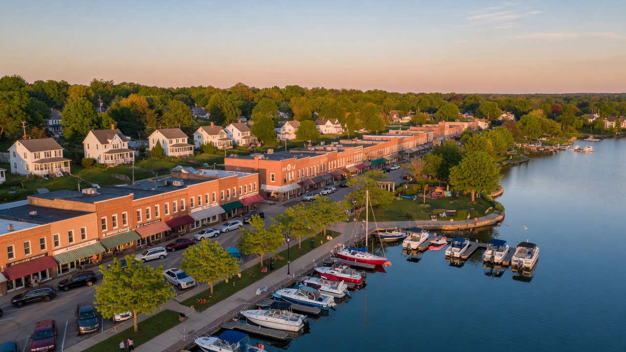 A charming Oakland County downtown with brick storefronts, mature trees, and a lake in the background