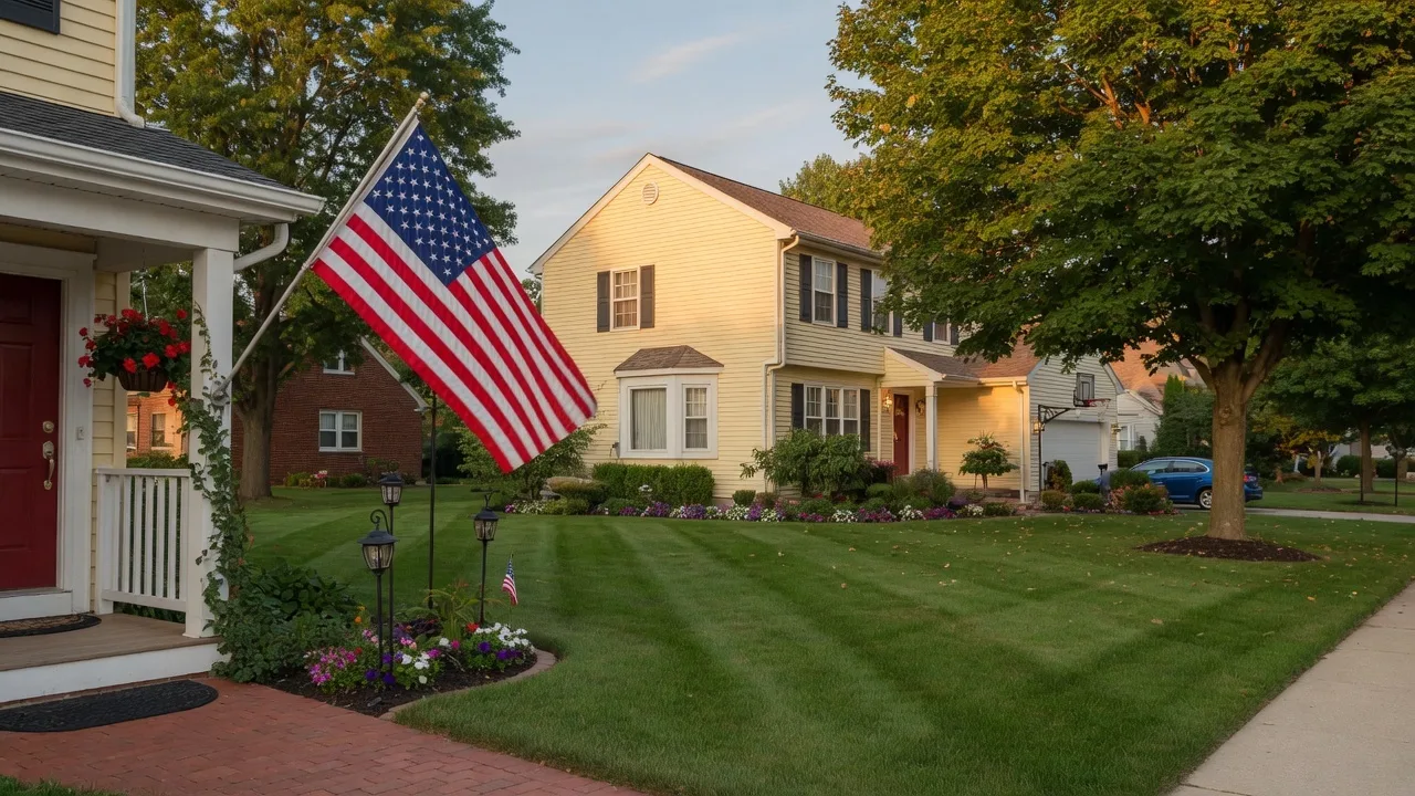 An American flag waving in front of a well-maintained Mid-Michigan suburban home with a tidy lawn and mature shade trees