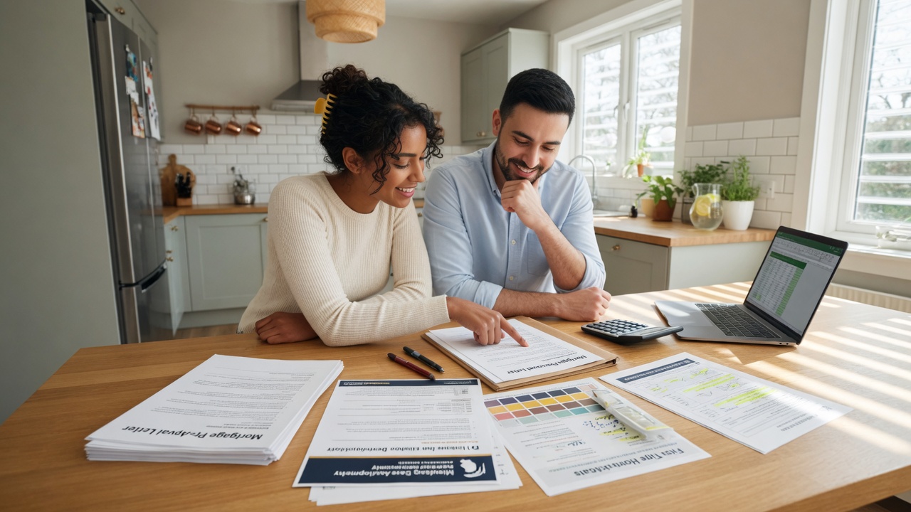 A young couple reviewing home loan documents and Michigan housing program information at a bright kitchen table