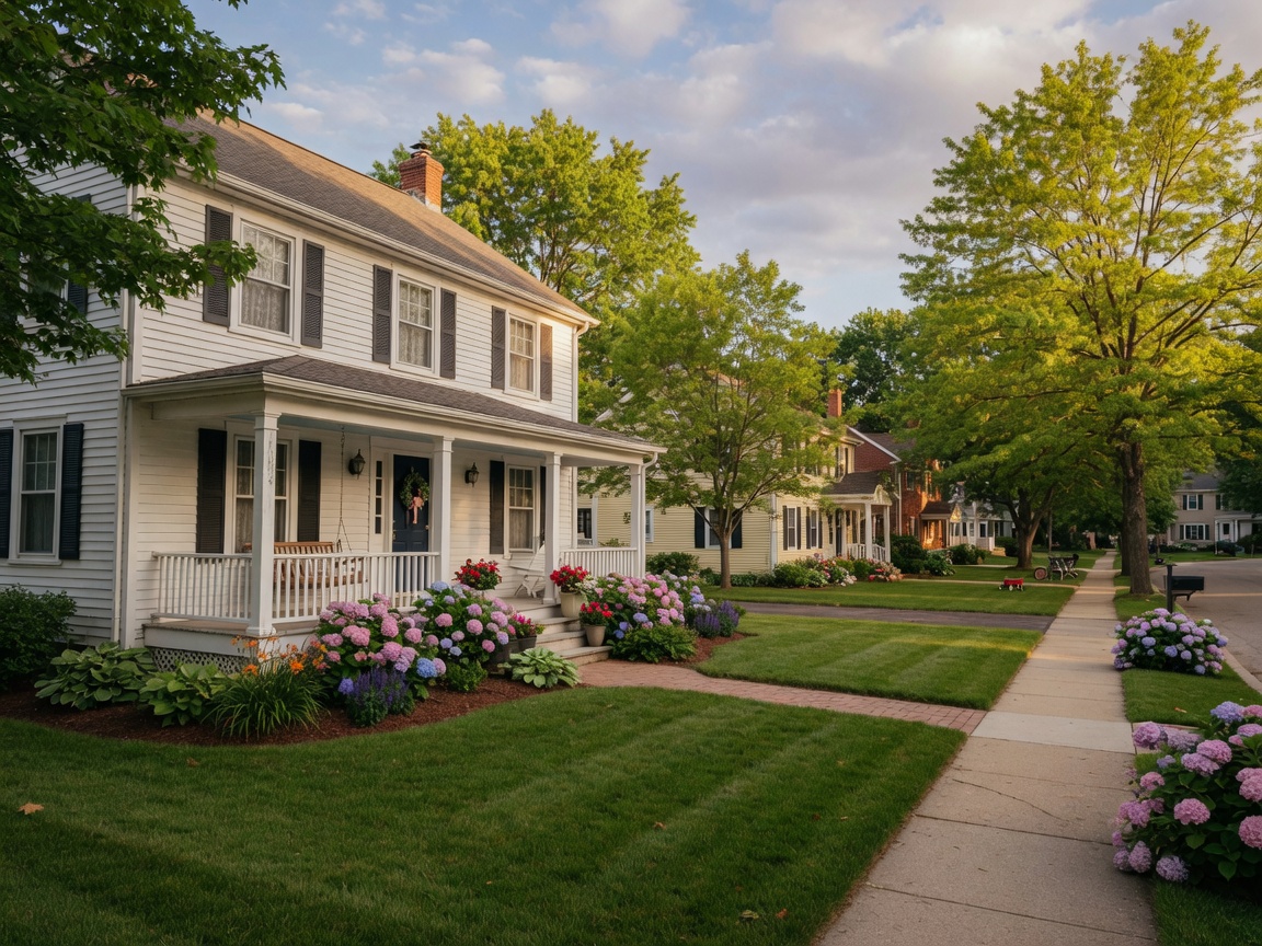 A beautiful Michigan suburban home on a tree-lined street in Livingston County with mature landscaping and a welcoming front porch
