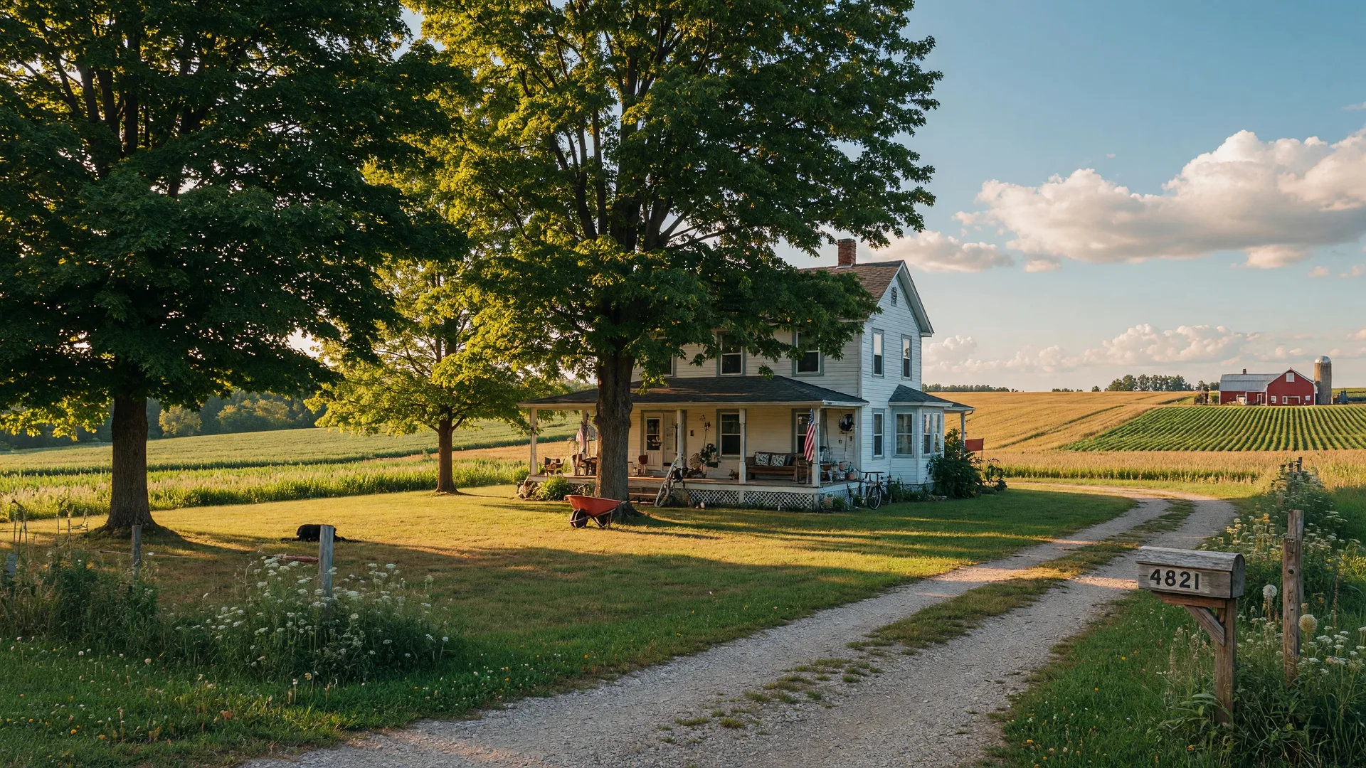 A charming rural Michigan farmhouse with a wraparound porch, large front yard with mature trees, and golden afternoon light — the kind of home USDA loans help buyers afford in Mid-Michigan