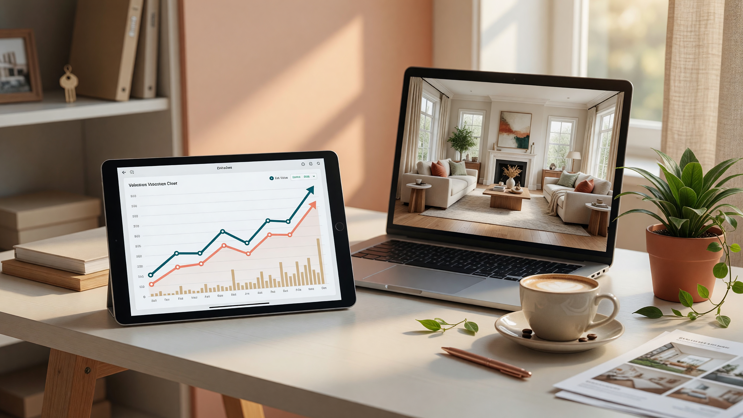 A modern real estate workspace with a tablet showing AI-powered home valuation charts and a laptop displaying a staged property photo