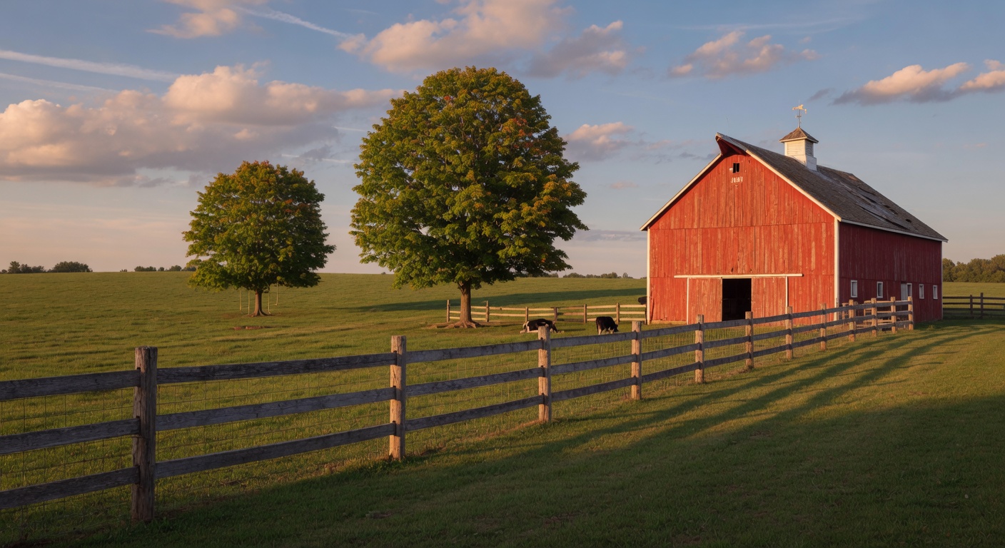 Michigan hobby farm with a red barn, rolling pastureland, and mature trees at golden hour