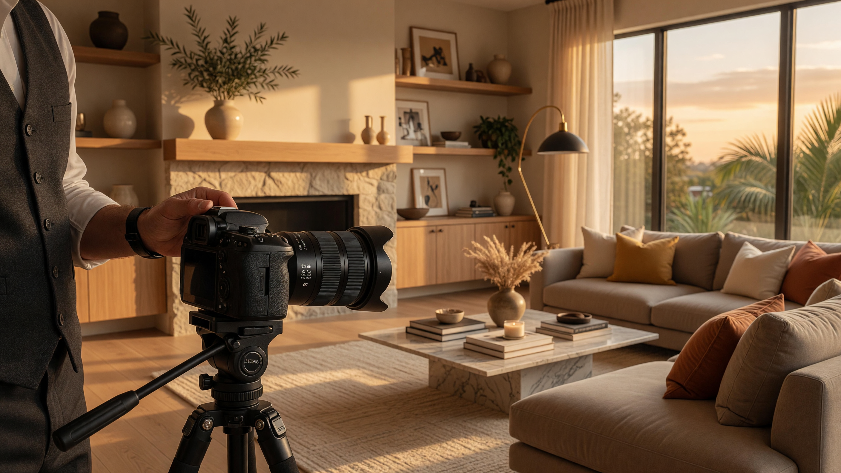 A professional real estate photographer with a DSLR camera on a tripod photographing a staged living room
