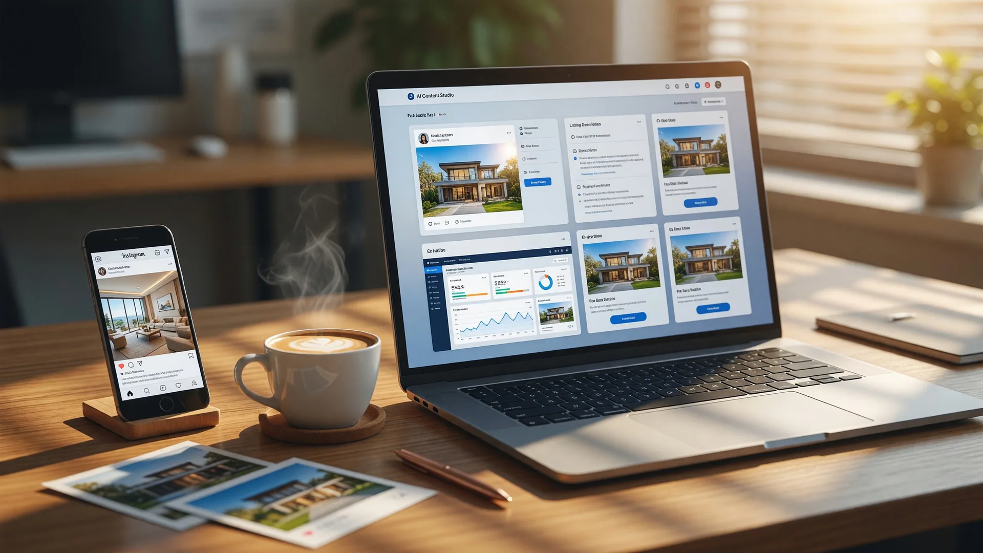 A modern real estate marketing workspace with AI-powered content creation tools displayed on a laptop screen