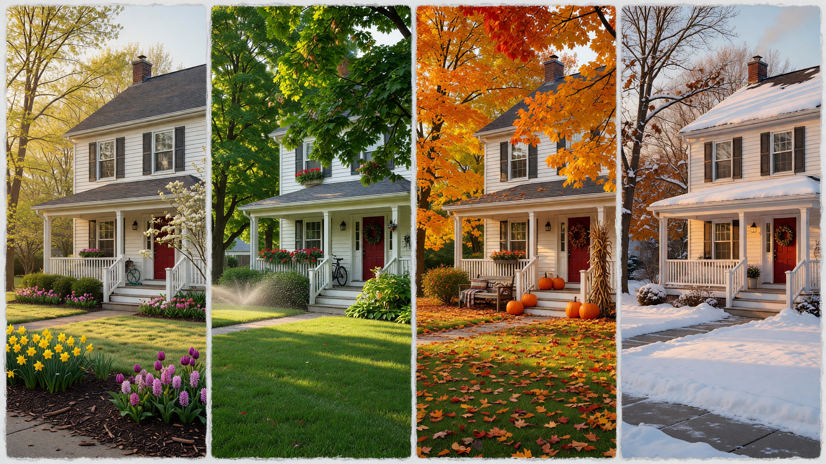 A four-season Michigan home exterior with beautiful landscaping in warm natural light, showing curb appeal in every season