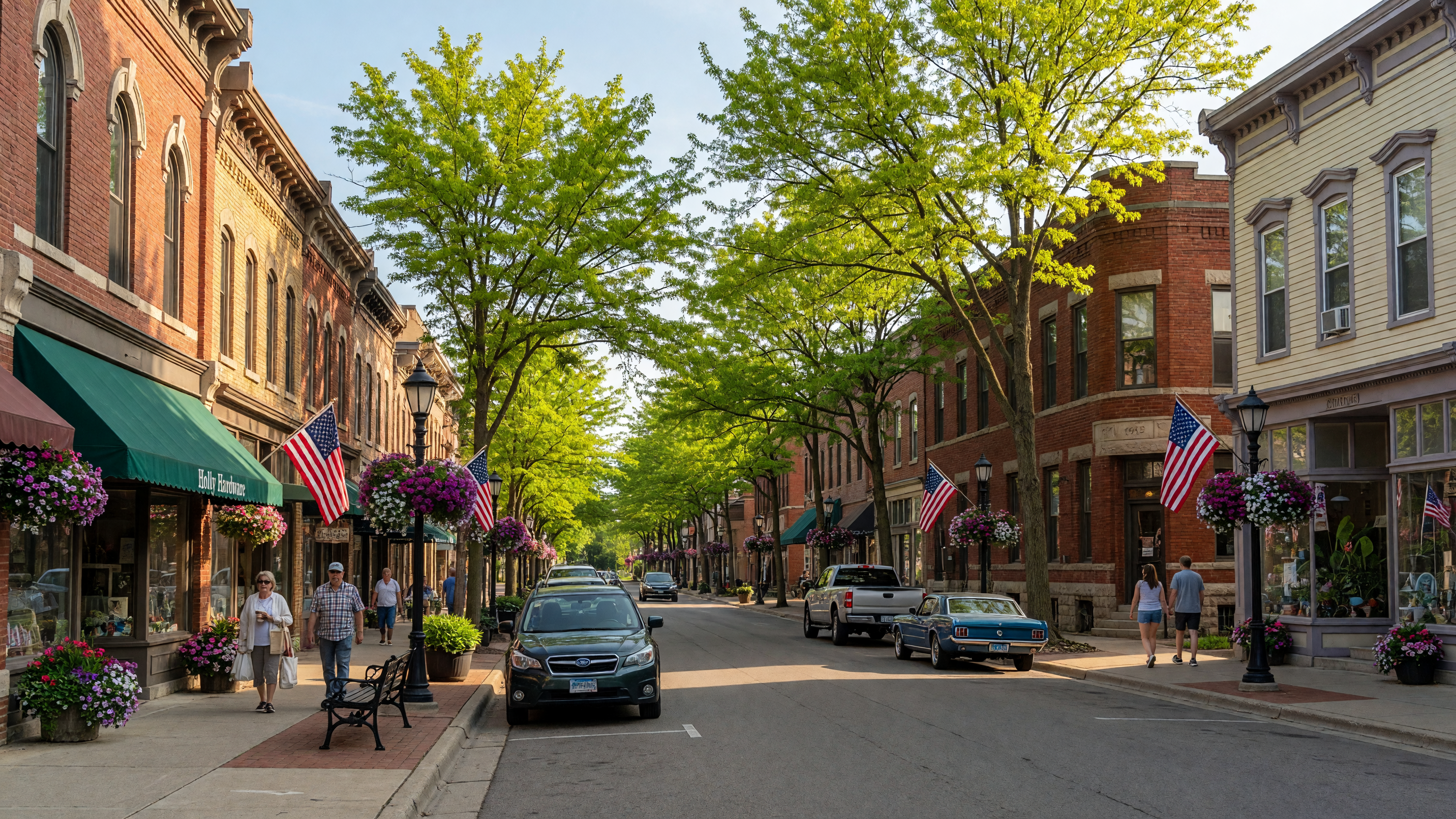 Charming downtown Holly, Michigan on a sunny morning with brick storefronts and mature trees