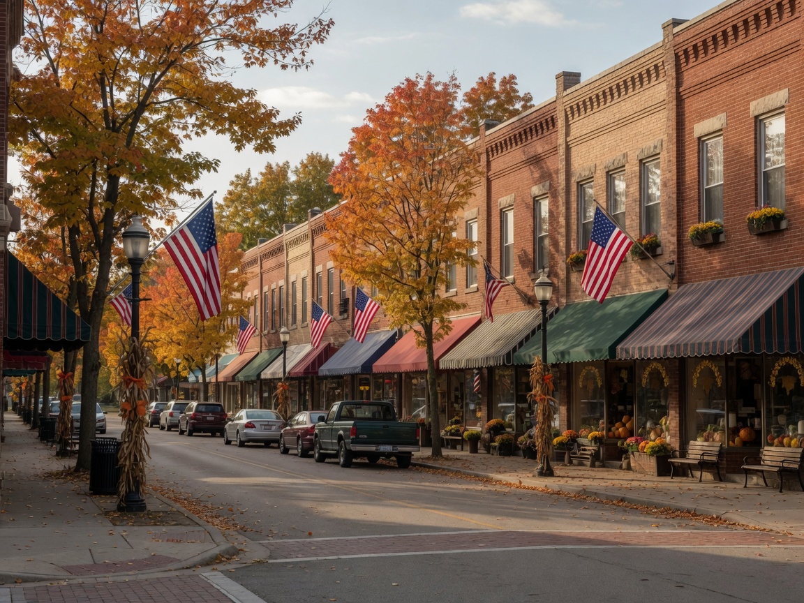 Charming small-town main street in Shiawassee County Michigan with historic brick storefronts and tree-lined sidewalks