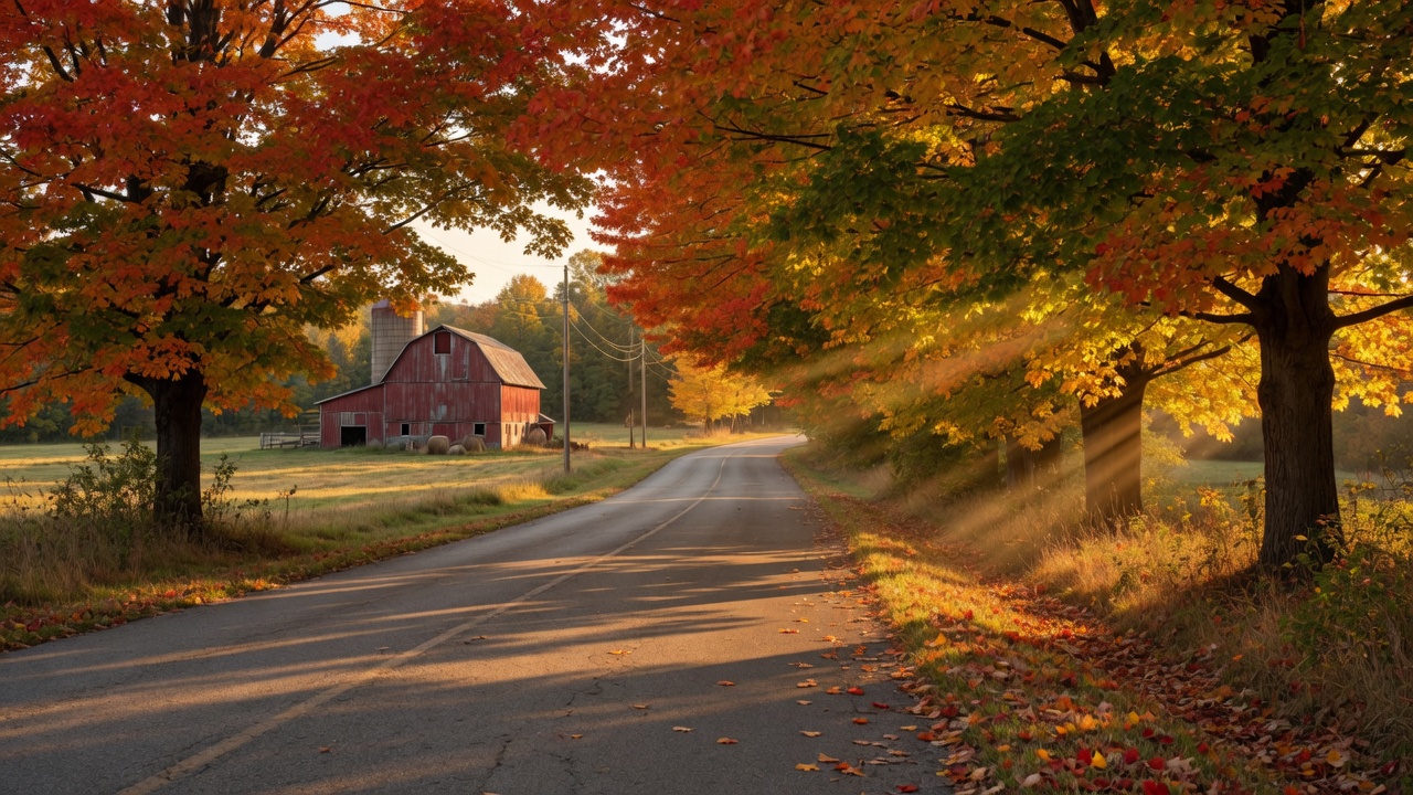 A scenic winding country road through Mid-Michigan in early autumn with golden and red maple trees forming a canopy overhead