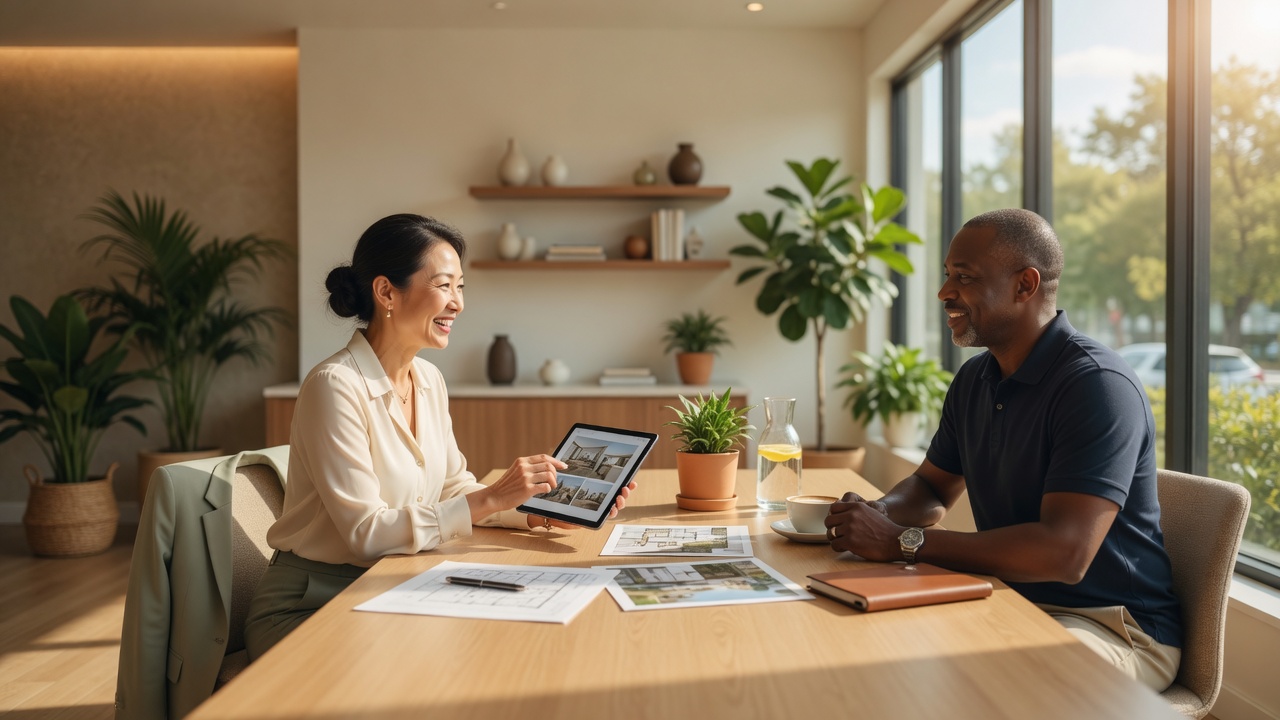 Two people in a professional meeting discussing real estate options over coffee