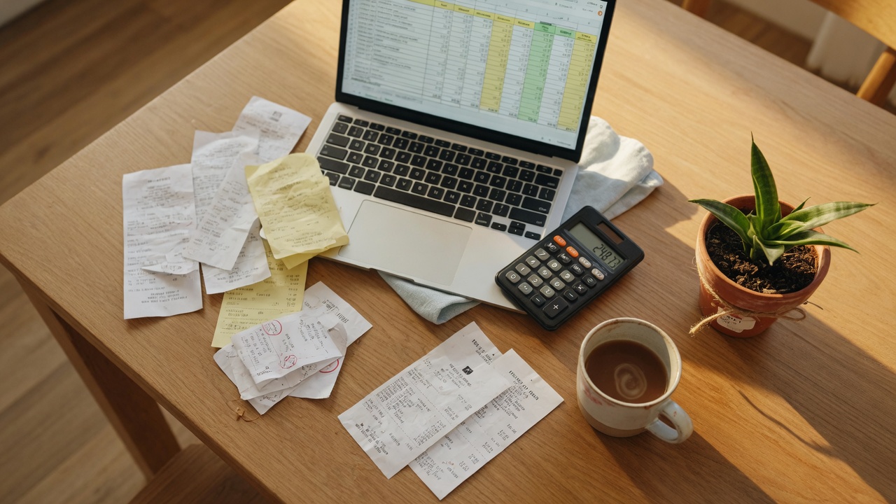 A kitchen table with a budget spreadsheet, calculator, and receipts representing homeownership costs