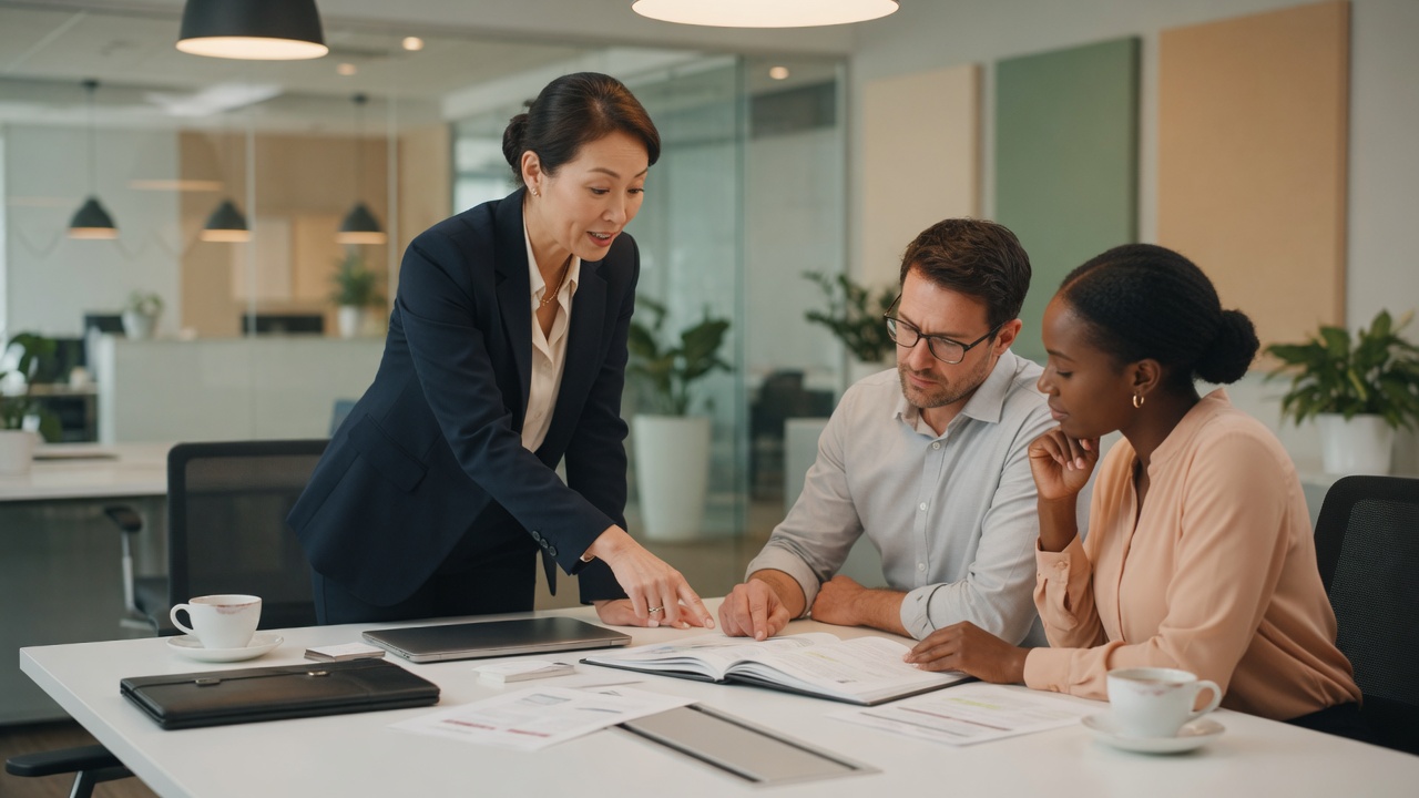 A professional real estate consultation where an agent reviews important documents with clients