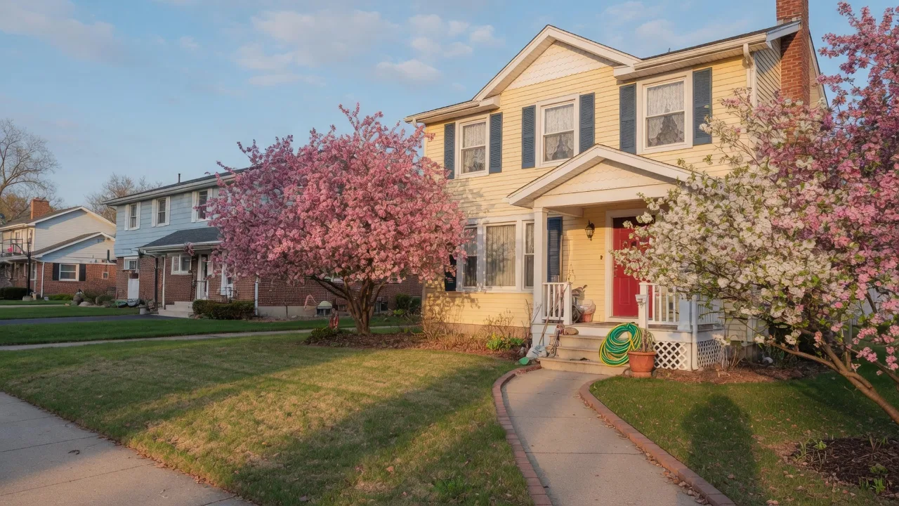A well-maintained two-story Michigan suburban home in spring with flowering trees and green lawn