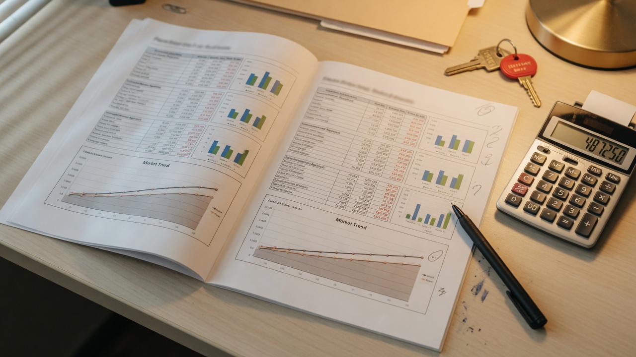 A home appraisal report document with charts, comparable data, calculator, and pen on a desk