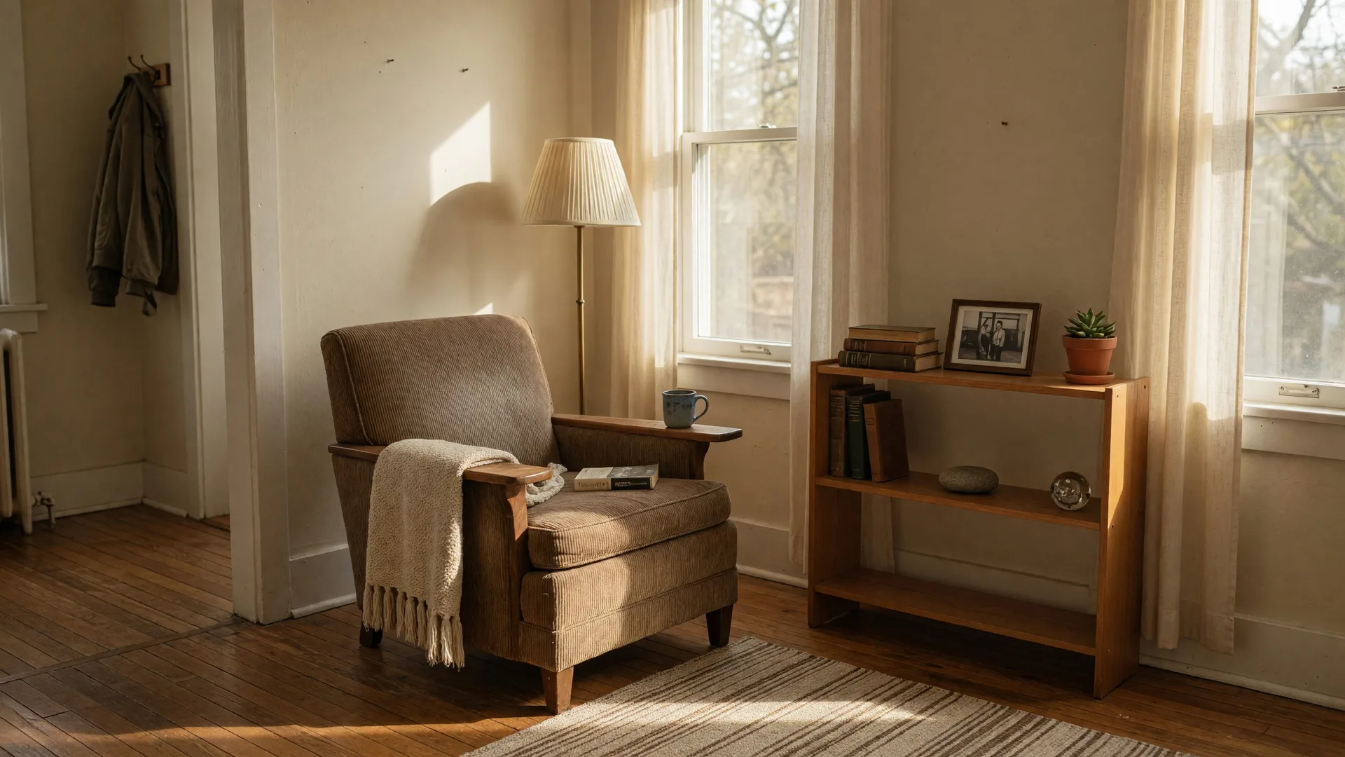 A light-filled smaller home living room with cozy furnishings, warm afternoon light, and thoughtfully arranged personal items