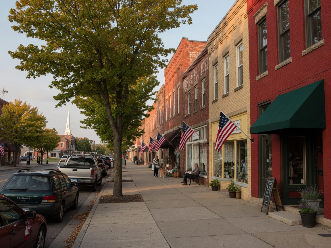 Charming small-town Main Street in Tuscola County Michigan with historic brick storefronts and tree-lined sidewalks