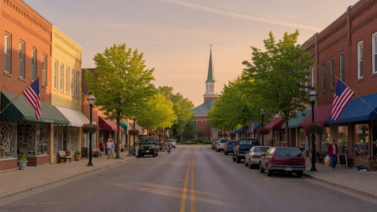 A charming small-town Michigan main street with brick storefronts and leafy trees